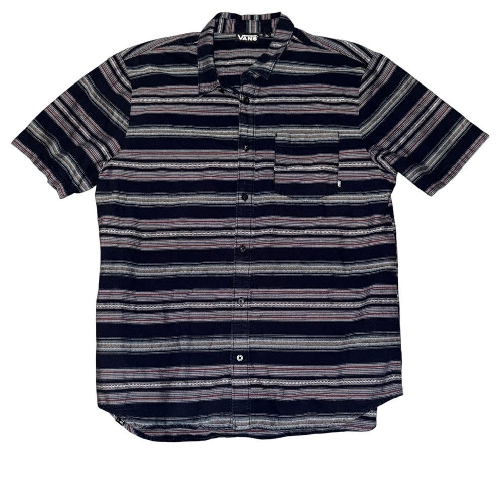 📌Vans Men’s Striped Button-Up Shirt Navy Gray Red Casual Skate Surf Style XL
